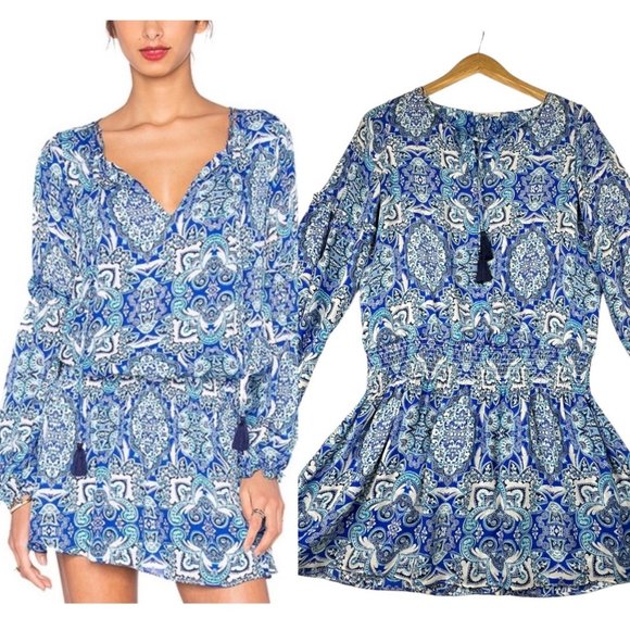 Parker 100% Silk Maeve Long Sleeve‎ Blue Paisley Tassel Dress size Small - Picture 1 of 7